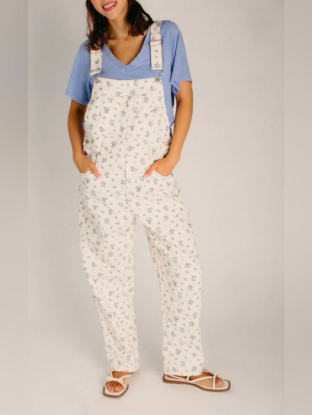 J.O.A. Cream Floral Overalls with Light Blue Tee Size L